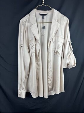 NWT White House Black Market Satin Roll Sleeve Blouse XL Cream Utility Shirt